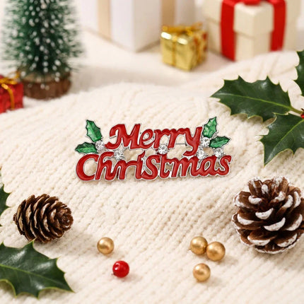 Merry Christmas Enamel Brooch Pin with Crystals & Holly – Festive Holiday Accessory