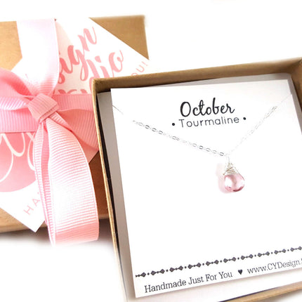 Pink Tourmaline - October Birthstone - Sterling Silver Necklace