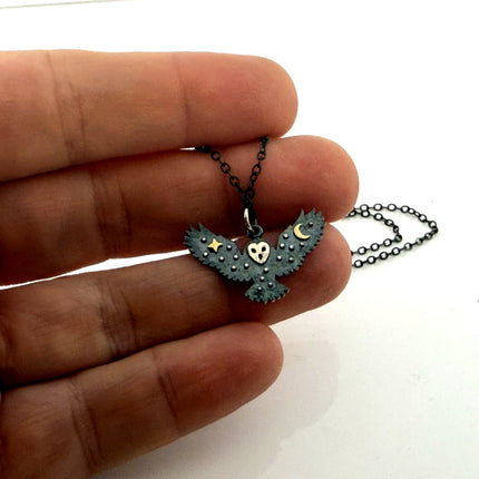 Oxidized Sterling Silver Owl Necklace – Handmade Woodland Owl Pendant – 18” Sterling Chain – Handmade in Raleigh NC