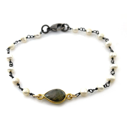 Mixed Metal Labradorite and Pearl Oxidized Bracelet