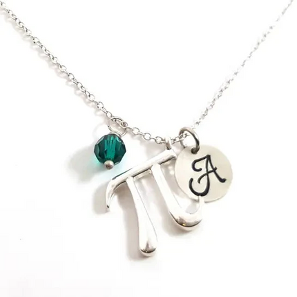 Personalized Pi Necklace – Sterling Silver Math Charm with Birthstone & Initial
