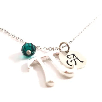 Personalized Pi Necklace – Sterling Silver Math Charm with Birthstone & Initial