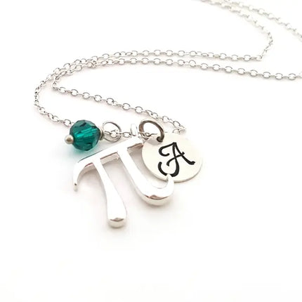 Personalized Pi Necklace – Sterling Silver Math Charm with Birthstone & Initial