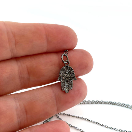Pave Diamond Hamsa Hand Oxidized Sterling Silver Necklace
