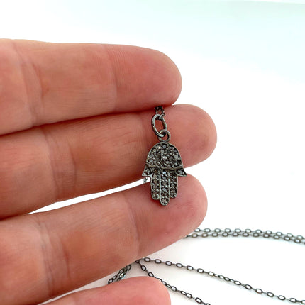 Pave Diamond Hamsa Hand Oxidized Sterling Silver Necklace