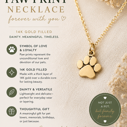Paw Print Gold Charm Necklace - Dainty 14k Gold Filled Jewelry