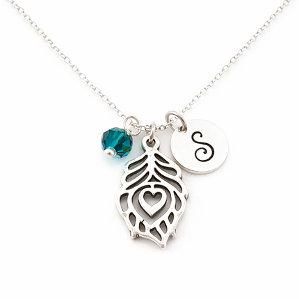 Peacock Feather Necklace – Sterling Silver with Birthstone & Initial Charm