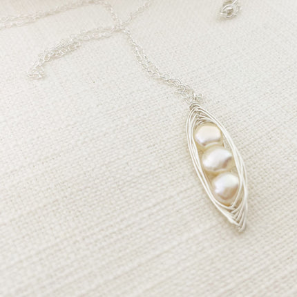 Peapod Necklace Freshwater Pearl Sterling Silver Wire Wrapped Jewelry