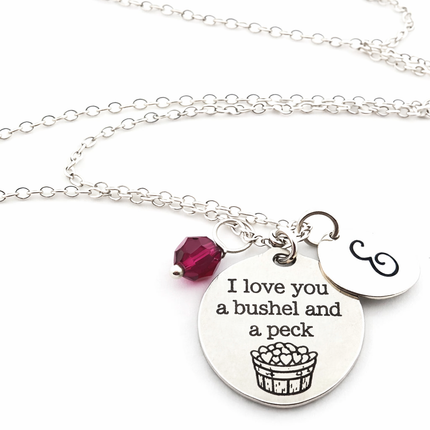 I Love You a Bushel & a Peck Necklace – Personalized Initial & Birthstone Charm – Sterling Silver Gift for Her