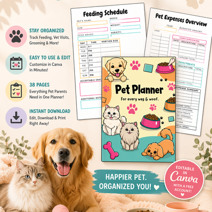 Pet Planner Printable - 38 Page Editable Canva Template