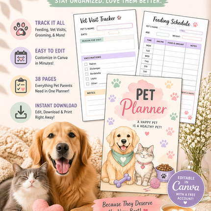 Pet Planner Printable - 38 Page Editable Canva Template