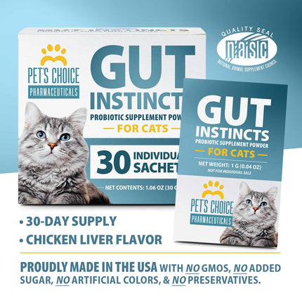 Pet’s Choice Gut Instincts Probiotic Supplement for Cats, Digestive & Immune Support, 30 Powder Packets, Made in USA