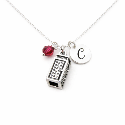 Police Box - Phone Booth Necklace – Sterling Silver with Birthstone & Initial Charm