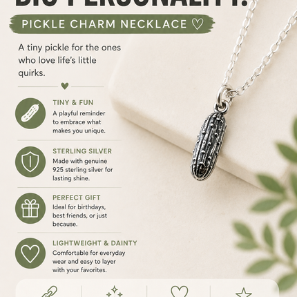 Pickle Charm Necklace - Sterling Silver Jewelry - Handmade Jewelry - Gift for Her
