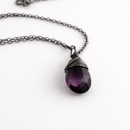 Dark Purple Hydro Quartz Necklace – Oxidized Sterling Silver – Wire Wrapped Pendant – 18" Chain