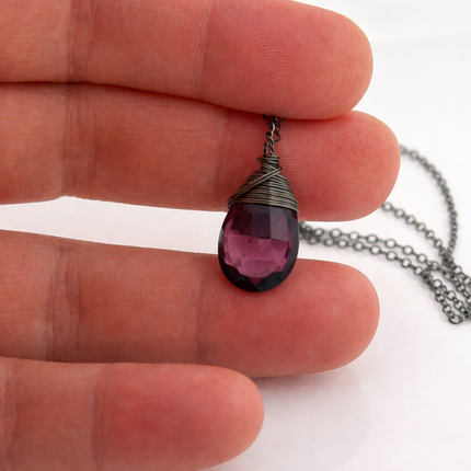 Dark Purple Hydro Quartz Necklace – Oxidized Sterling Silver – Wire Wrapped Pendant – 18" Chain