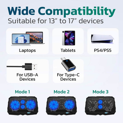 Purely Laptop Cooling Pad, 6 Adjustable Height Laptop Stand, 4 Fans: 3 Fan Modes + 6 Speeds, LED Display, 2 USB Ports