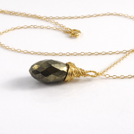 Pyrite Briolette Necklace – Hand Wire Wrapped – 14k Gold Filled – 16” Chain