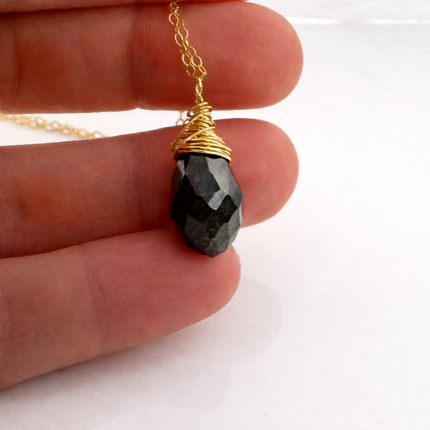 Pyrite Briolette Necklace – Hand Wire Wrapped – 14k Gold Filled – 16” Chain