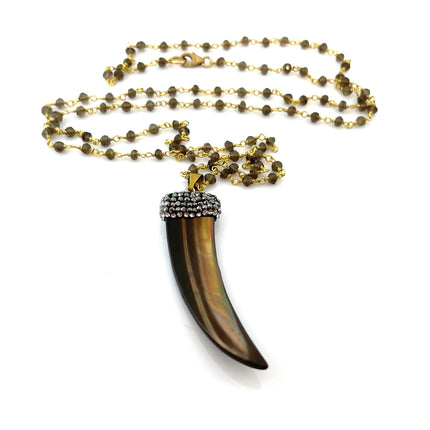 Bohemian Brown Shell Horn Necklace with Smoky Quartz – 14k Gold Filled Rosary Chain