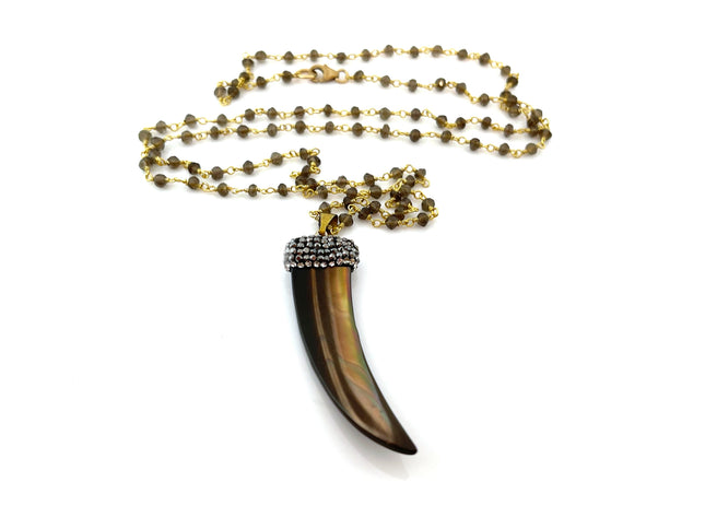 Bohemian Brown Shell Horn Necklace with Smoky Quartz – 14k Gold Filled Rosary Chain