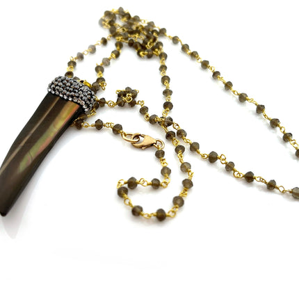 Bohemian Brown Shell Horn Necklace with Smoky Quartz – 14k Gold Filled Rosary Chain