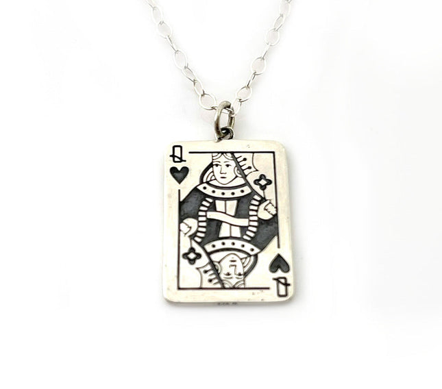 Queen of Hearts Sterling Silver Necklace – Playing Card Pendant on 18" Chain