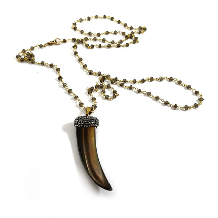 Bohemian Brown Shell Horn Necklace with Smoky Quartz – 14k Gold Filled Rosary Chain