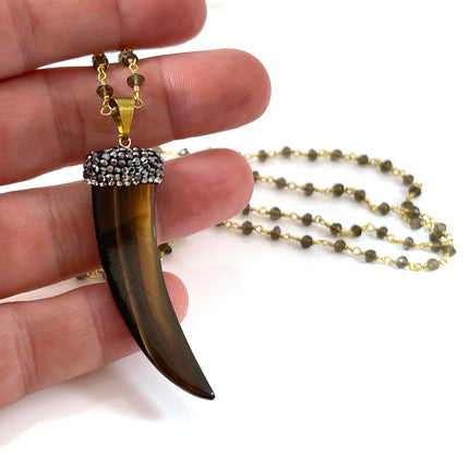 Bohemian Brown Shell Horn Necklace with Smoky Quartz – 14k Gold Filled Rosary Chain