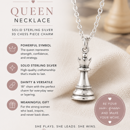 Solid Sterling Silver Queen Chess Necklace – 3D Charm on 18" Chain