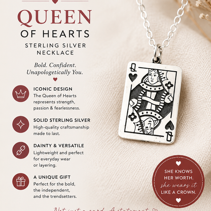 Queen of Hearts Sterling Silver Necklace – Playing Card Pendant on 18" Chain
