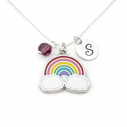 Rainbow Necklace – Sterling Silver with Birthstone & Initial Charm