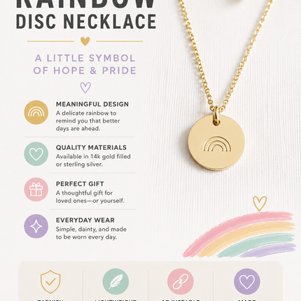 Rainbow Disc Necklace – Hand Stamped Pride Jewelry in Gold Filled or Sterling Silver