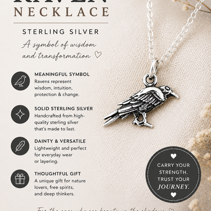Raven Charm Necklace Crow Bird Charm - Handmade Sterling Silver Jewelry