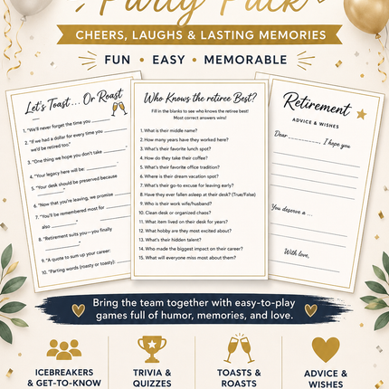 Retirement Party Game Pack – Printable PDF with Fun Icebreakers, Trivia & Toasts