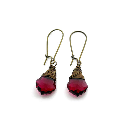Ruby Swarovski Crystal Briolette Wire Wrapped Earrings in Bronze