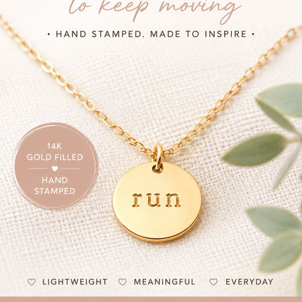 Hand Stamped “Run” Charm – 14k Gold Filled Disc Pendant – Fitness Jewelry for Runners