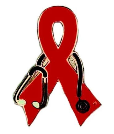 Red Ribbon Stethoscope Enamel Pin – Cancer Awareness Lapel Pin