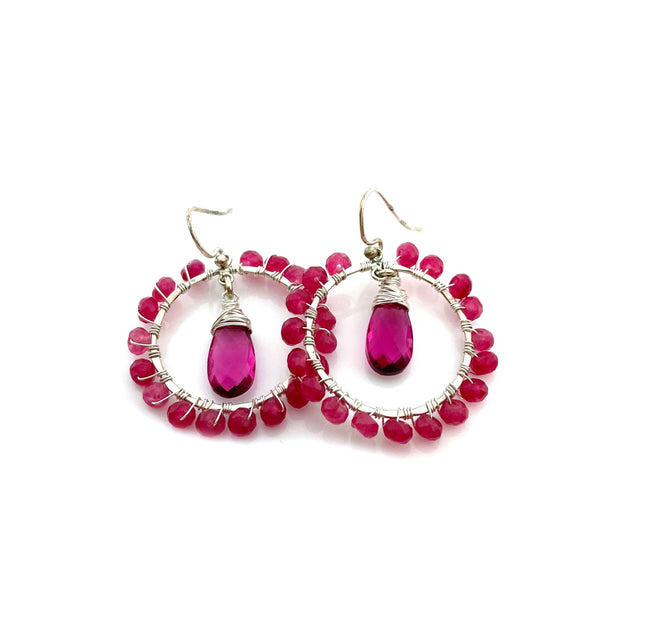 Pink Sapphire and Rubellite Gemstone Wire Wrapped Hoop Earrings