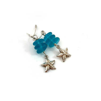 Blue Sea Glass Sterling Starfish Earrings