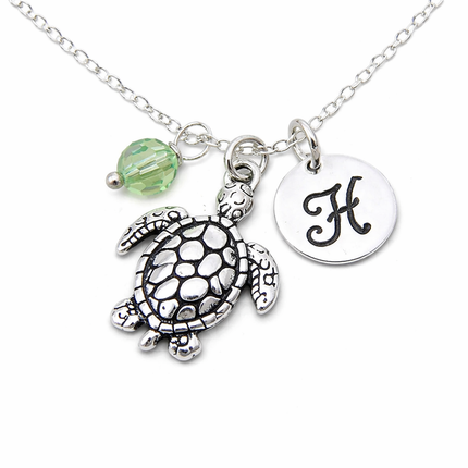 Sea Turtle Necklace – Sterling Silver with Birthstone & Initial Charm