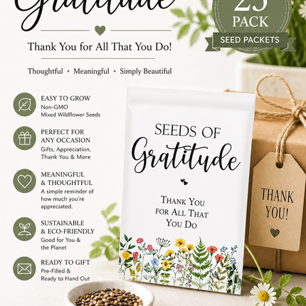 Seeds of Gratitude 25 Pack • Thank You Seed Packets • Wildflower Seed Favors
