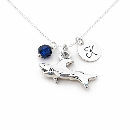 Shark Necklace – Sterling Silver with Birthstone & Initial Charm