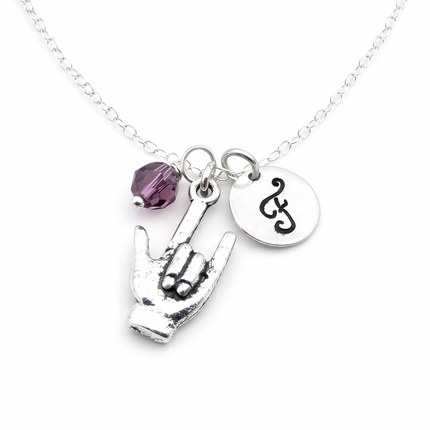 Personalized Sign Language “I Love You” Necklace – Sterling Silver Chain with Birthstone & Initial