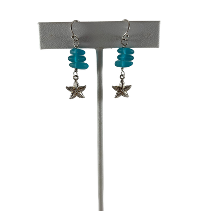 Blue Sea Glass Sterling Starfish Earrings