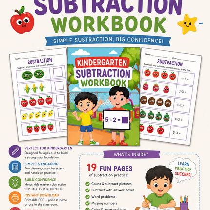 Kindergarten Subtraction Workbook – 19 Printable Pages | Instant PDF Download