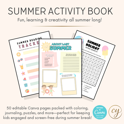 Summer Activity Book for Kids – 50-Page Canva Template with Coloring, Puzzles & Journal Prompts