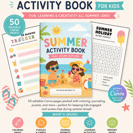 Summer Activity Book for Kids – 50-Page Canva Template with Coloring, Puzzles & Journal Prompts