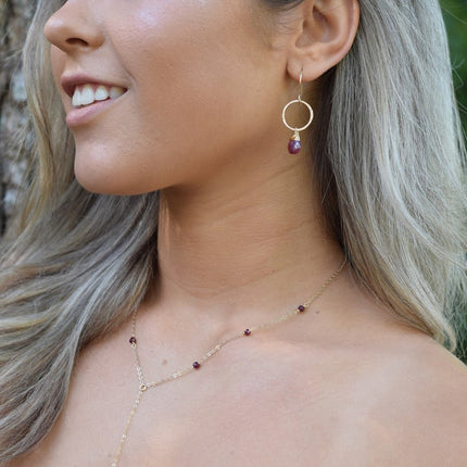 Ruby Quartz Earrings - 14k Gold Fill Earrings - Hammered Gemstone Hoop Earrings