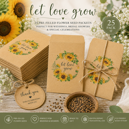 Sunflower Let Love Grow Seed Packet Favors – 25 Pack